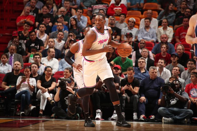 MIAMI, FL - FEBRUARY 27:  Bam Adebayo #13 of the Miami Heat handles the ball against the Philadelphia 76ers on February 27, 2018 at American Airlines Arena in Miami, Florida. NOTE TO USER: User expressly acknowledges and agrees that, by downloading and or using this Photograph, user is consenting to the terms and conditions of the Getty Images License Agreement. Mandatory Copyright Notice: Copyright 2018 NBAE (Photo by Issac Baldizon/NBAE via Getty Images)