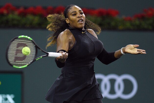 INDIAN WELLS, CA - MARCH 08: Serena Williams returns against Zarina Diyas, of Kazakhstan, during Day 4 of the BNP Paribas Open on March 8, 2018 in Indian Wells, California. (Photo by Kevork Djansezian/Getty Images)