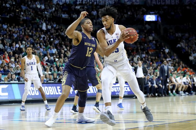NEW YORK, NY - MARCH 08: Marvin Bagley III #35 of the Duke Blue Devils works against Elijah Burns #12 of the Notre Dame Fighting Irish in the second half during the quarterfinals of the ACC Men's Basketball Tournament at Barclays Center on March 8, 2018 in the Brooklyn borough of New York City.  (Photo by Abbie Parr/Getty Images)