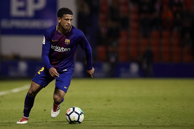 LUGO, SPAIN - FEBRUARY 18:  Marcus McGuane of FC Barcelona B in actionduring the La Liga 123 match between CD Lugo and FC Barcelona B at Angel Carro Stadium on February 18, 2018 in Lugo, Spain.  (Photo by Quality Sport Images/Getty Images)