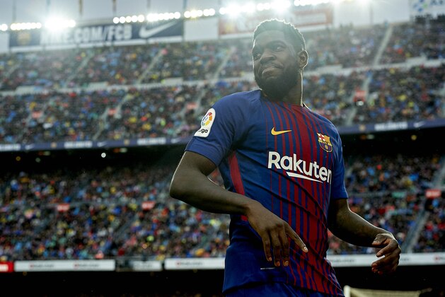 BARCELONA, SPAIN - MARCH 04:  Samuel Umtiti of Barcelona reacts during the La Liga match between FC Barcelona and Atletico de Madrid at Camp Nou on March 4, 2018 in Barcelona, Spain.  (Photo by Quality Sport Images/Getty Images)