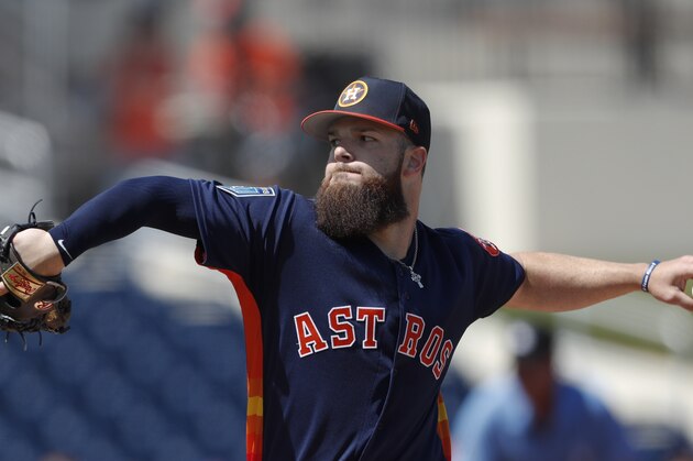Houston Astros starting pitcher Dallas Keuchel (60) works against the Miami Marlins inning of a spring training baseball game, Monday, March 5, 2018, in West Palm Beach, Fla. (AP Photo/John Bazemore)