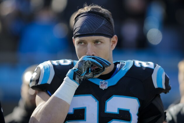 Carolina Panthers' Christian McCaffrey (22) on the sidelines before an NFL football game against the Minnesota Vikings in Charlotte, N.C., Sunday, Dec. 10, 2017. The Panthers won 31-24. (AP Photo/Bob Leverone)