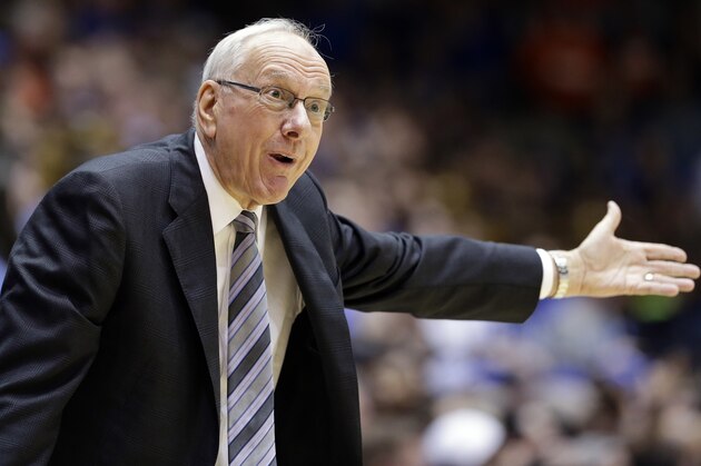 Syracuse head coach Jim Boeheim reacts during the first half of an NCAA college basketball game against Duke in Durham, N.C., Saturday, Feb. 24, 2018. (AP Photo/Gerry Broome)