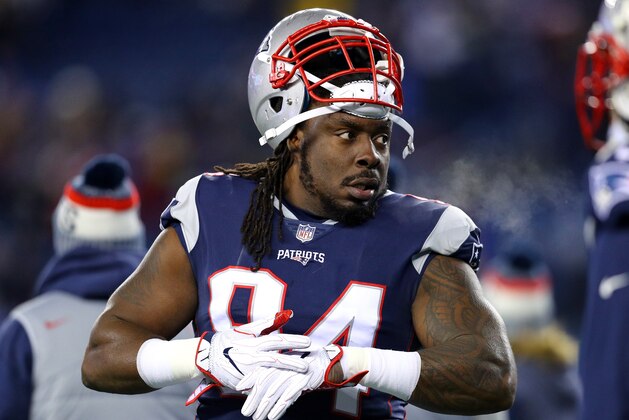 FOXBOROUGH, MA - JANUARY 13: Ricky Jean Francois #94 of the New England Patriots reacts before the AFC Divisional Playoff game against the Tennessee Titans  at Gillette Stadium on January 13, 2018 in Foxborough, Massachusetts.  (Photo by Maddie Meyer/Getty Images)