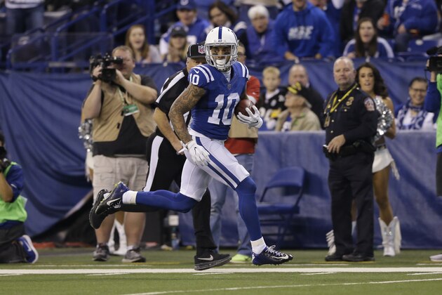 Indianapolis Colts wide receiver Donte Moncrief (10) makes a catch on his way to a touchdown against the Pittsburgh Steelers during the first half of an NFL football game in Indianapolis, Sunday, Nov. 12, 2017. (AP Photo/AJ Mast)