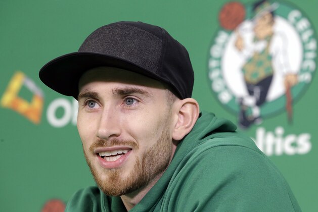 Boston Celtics' Gordon Hayward takes questions from members of the media during an NBA basketball news conference, Thursday, Nov. 2, 2017, at the team's' training facility in Waltham, Mass. Hayward, who broke his ankle about 5 minutes into his NBA career opener at Cleveland on Oct. 17, says he knows he will not play again this season, after needing surgery to repair the injury. (AP Photo/Steven Senne)