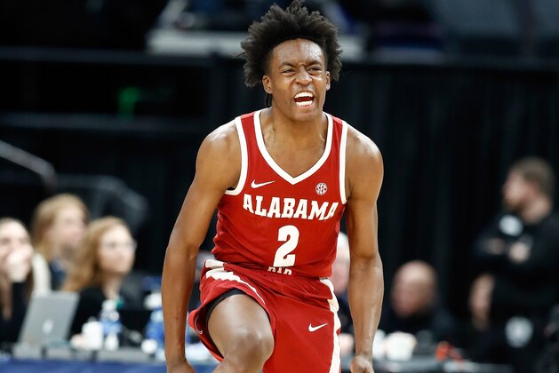 ST LOUIS, MO - MARCH 09:  Collin Sexton #2 of the Alabama Crimson Tide celebrates in the 81-63 win over the Auburn Tigers during the quarterfinals round of the 2018 SEC Basketball Tournament at Scottrade Center on March 9, 2018 in St Louis, Missouri.  (Photo by Andy Lyons/Getty Images)