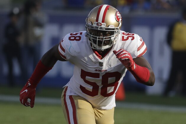 San Francisco 49ers defensive end Elvis Dumervil (58) against the Los Angeles Rams during the first half of an NFL football game Sunday, Dec. 31, 2017, in Los Angeles. (AP Photo/Rick Scuteri)