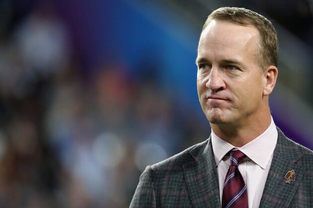 MINNEAPOLIS, MN - FEBRUARY 04: Former quarterback Peyton Manning looks on prior to Super Bowl LII between the Philadelphia Eagles and the New England Patriots at U.S. Bank Stadium on February 4, 2018 in Minneapolis, Minnesota.  (Photo by Elsa/Getty Images)