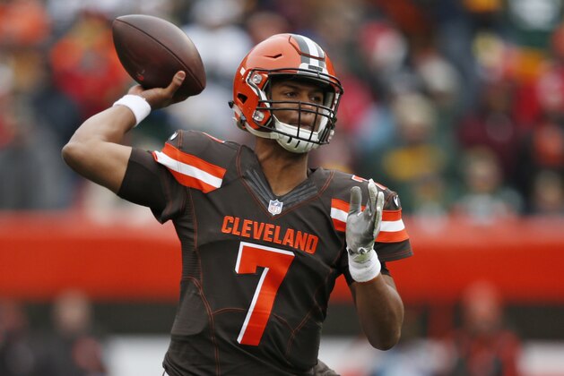 FILE - In this Dec. 10, 2017, file photo, Cleveland Browns quarterback DeShone Kizer throws a pass against the Green Bay Packers in the first half of an NFL football game in Cleveland. “If we are going to go and get our first win, we would love to get it in front of our home crowd,” said Kizer. (AP Photo/Ron Schwane, File)