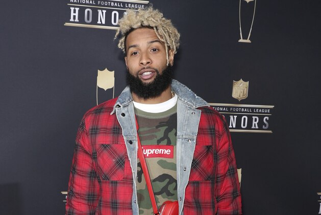 IMAGE DISTRIBUTED FOR NFL - Odell Beckham Jr. of the New York Giants arrives at the 7th Annual NFL Honors at the Cyrus Northrop Memorial Auditorium on Saturday, Feb. 3, 2018, in Minneapolis, Minnesota. (Photo by Michael Zorn/Invision for NFL/AP Images)
