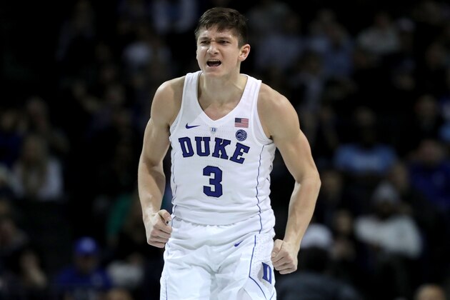 NEW YORK, NY - MARCH 08:  Grayson Allen #3 of the Duke Blue Devils reacts in the second half against the Notre Dame Fighting Irish during the quarterfinals of the ACC Men's Basketball Tournament at Barclays Center on March 8, 2018 in the Brooklyn borough of New York City.  (Photo by Abbie Parr/Getty Images)