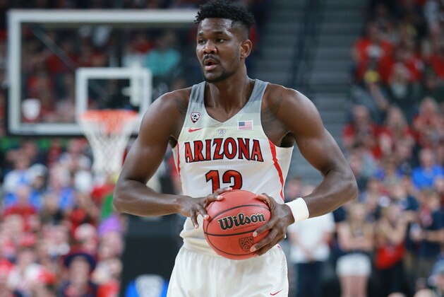 LAS VEGAS, NV - MARCH 09:  Deandre Ayton #13 of the Arizona Wildcats handles the ball against the UCLA Bruins during a semifinal game of the Pac-12 basketball tournament at T-Mobile Arena on March 9, 2018 in Las Vegas, Nevada.  (Photo by Leon Bennett/Getty Images)
