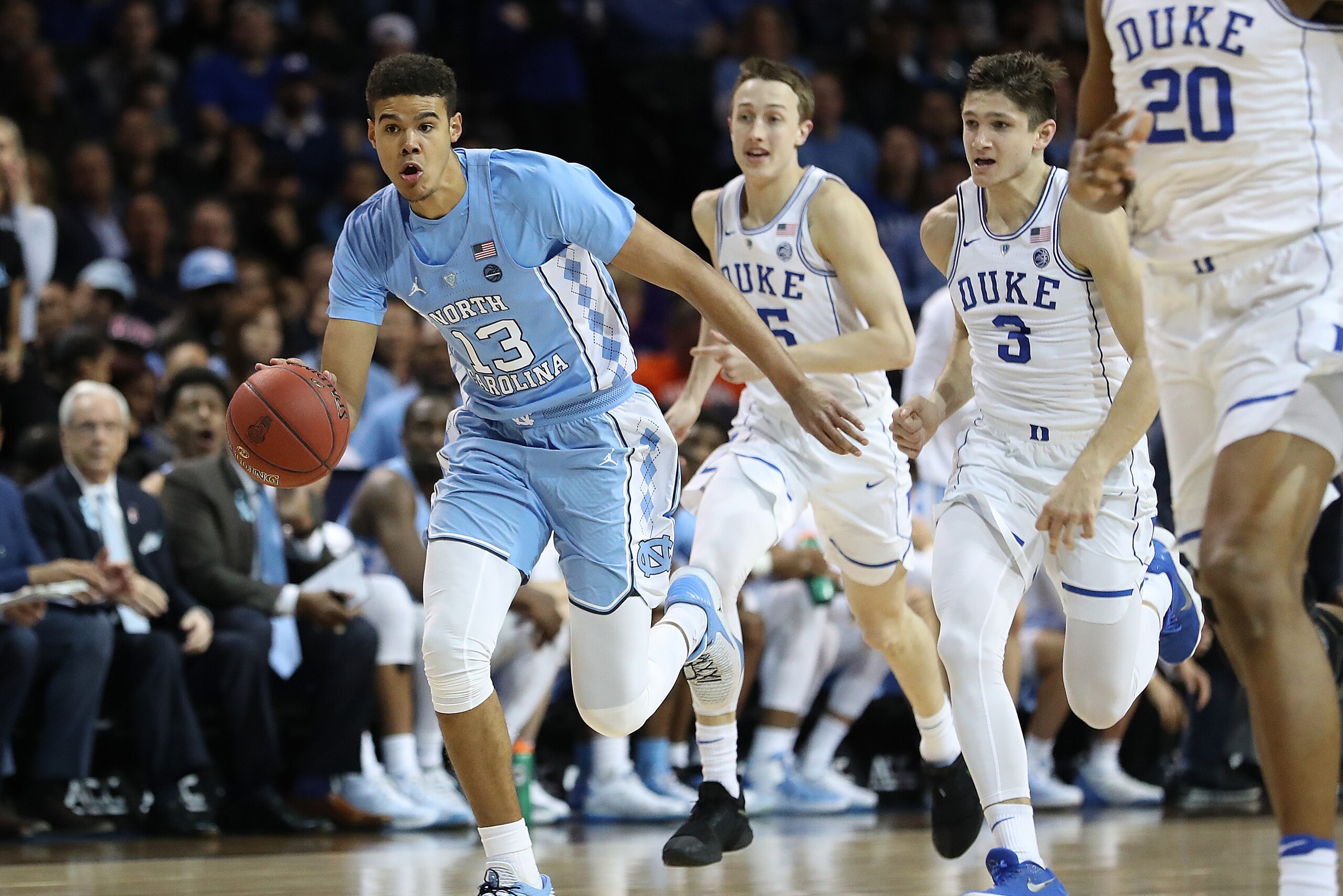 NEW YORK, NY - MARCH 09:  Cameron Johnson #13 of the North Carolina Tar Heels drives against the Duke Blue Devils during the semifinals of the ACC Men's Basketball Tournament at the  Barclays Center on March 9, 2018 in New York City.  (Photo by Al Bello/Getty Images)