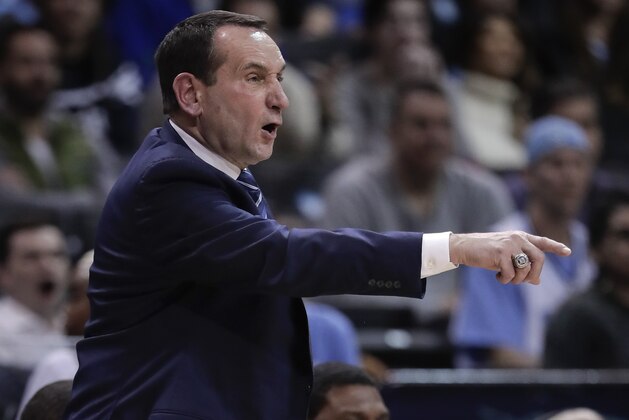 Duke coach Mike Krzyzewski gestures during the second half of the team's NCAA college basketball game against North Carolina in the Atlantic Coast Conference men's tournament semifinals Friday, March 9, 2018, in New York. North Carolina won 74-69. (AP Photo/Julie Jacobson)