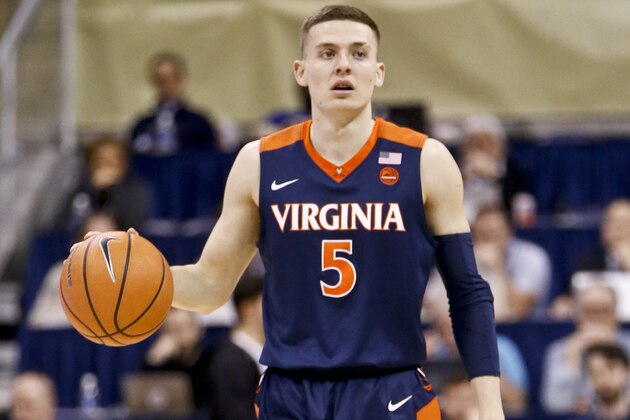 Virginia's Kyle Guy (5) plays against Pittsburgh during an NCAA college basketball game, Saturday, Feb. 24, 2018, in Pittsburgh. (AP Photo/Keith Srakocic)