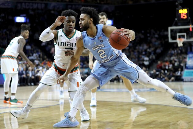 NEW YORK, NY - MARCH 08: Joel Berry II #2 of the North Carolina Tar Heels works against Chris Lykes #2 of the Miami (Fl) Hurricanes in the first half during the quarterfinals of the ACC Men's Basketball Tournament at Barclays Center on March 8, 2018 in the Brooklyn borough of New York City.  (Photo by Abbie Parr/Getty Images)