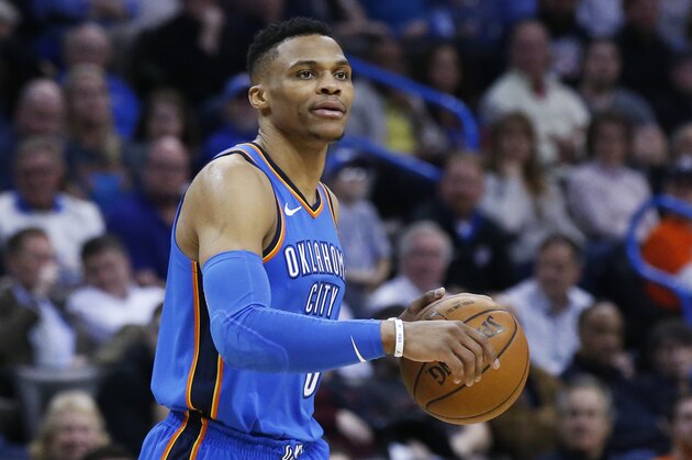 Oklahoma City Thunder guard Russell Westbrook during an NBA basketball game between the Houston Rockets and the Oklahoma City Thunder in Oklahoma City, Tuesday, March 6, 2018. (AP Photo/Sue Ogrocki)