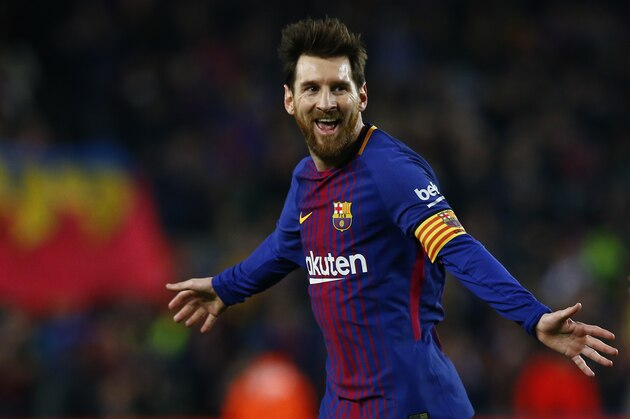 FC Barcelona's Lionel Messi celebrates after scoring during the Spanish La Liga soccer match between FC Barcelona and Girona at the Camp Nou stadium in Barcelona, Spain, Saturday, Feb. 24, 2018. (AP Photo/Manu Fernandez)