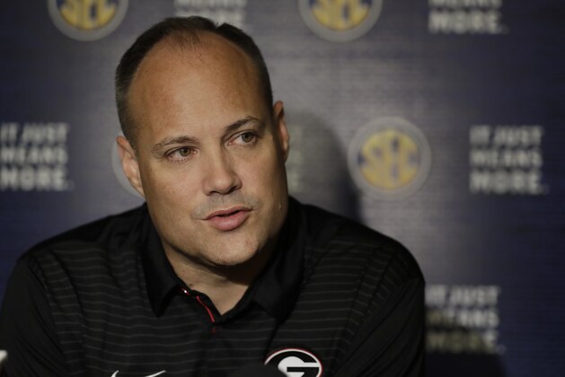 Georgia coach Mark Fox answers questions during the Southeastern Conference men's NCAA college basketball media day Wednesday, Oct. 18, 2017, in Nashville, Tenn. (AP Photo/Mark Humphrey)