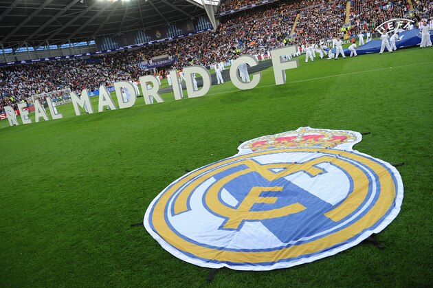 CARDIFF, WALES - AUGUST 12: The Real Madrid club badge is seen on the pitch prior to the UEFA Super Cup match between Real Madrid and Sevilla FC at Cardiff City Stadium on August 12, 2014 in Cardiff, Wales. (Photo by Chris Brunskill Ltd/Getty Images)