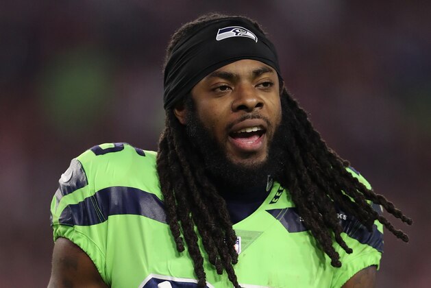 GLENDALE, AZ - NOVEMBER 09:  Cornerback Richard Sherman #25 of the Seattle Seahawks walks on the field during a break from the second half of the NFL game against the Arizona Cardinals at the University of Phoenix Stadium on November 9, 2017 in Glendale, Arizona.  The Seahawks defeated the Cardinals 22-16.  (Photo by Christian Petersen/Getty Images)