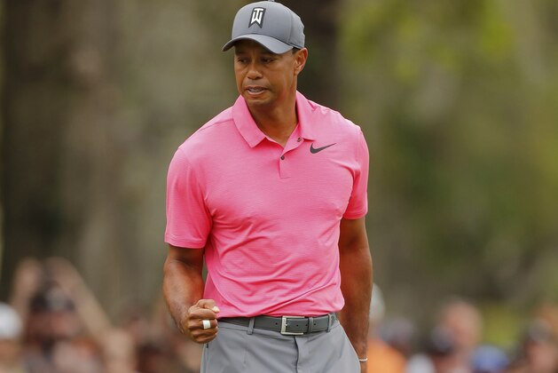 Tiger Woods reacts after his birdie putt on the third hole during the third round of the Valspar Championship golf tournament Saturday, March 10, 2018, in Palm Harbor, Fla. (AP Photo/Mike Carlson)
