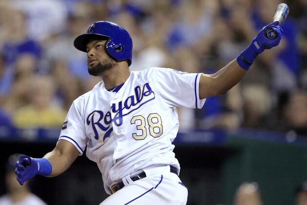 Kansas City Royals' Jorge Bonifacio watches his double off Cleveland Indians starting pitcher Josh Tomlin during the seventh inning of a baseball game at Kauffman Stadium in Kansas City, Mo., Friday, June 2, 2017. (AP Photo/Orlin Wagner)