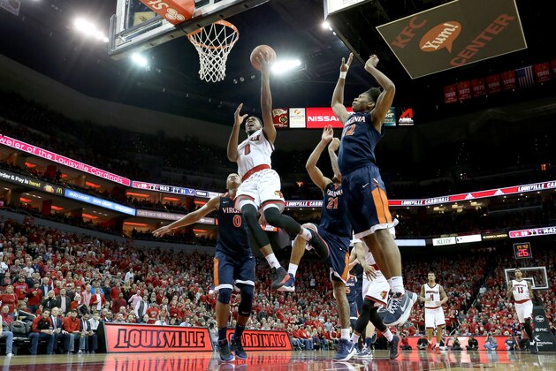 LOUISVILLE, KY - MARCH 01:  V.J. King #0 of the  Louisville Cardinals shoots the ball against the Virginia Cavaliers during the game at KFC YUM! Center on March 1, 2018 in Louisville, Kentucky.  (Photo by Andy Lyons/Getty Images)