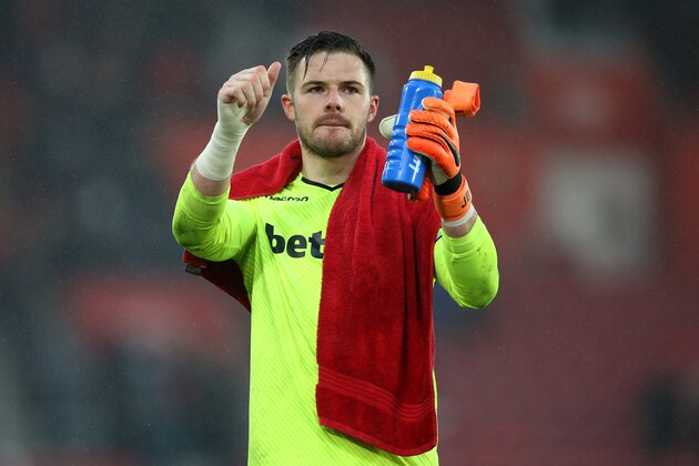 SOUTHAMPTON, ENGLAND - MARCH 03:  Jack Butland of Stoke City shows appreciation to the fans after the Premier League match between Southampton and Stoke City at St Mary's Stadium on March 3, 2018 in Southampton, England.  (Photo by Steve Bardens/Getty Images)