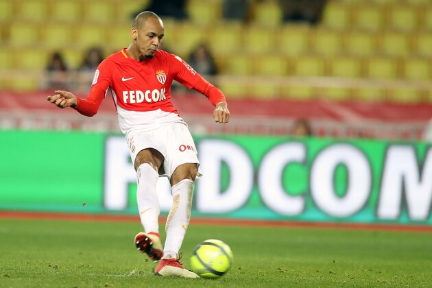Monaco's Brazilian defender Fabinho scores a penalty during the French L1 football match Monaco vs Dijon on February 16, 2018 at the 'Louis II Stadium' in Monaco.  / AFP PHOTO / VALERY HACHE        (Photo credit should read VALERY HACHE/AFP/Getty Images)