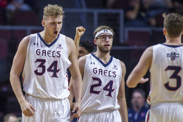 Saint Mary's Jock Landale (34) is pumped about his team taking the lead late versus St. Mary's during the second half of an NCAA college basketball game in the quarterfinals of the West Coast Conference tournament, Saturday, March 3, 2018, in Las Vegas. (AP Photo/L.E. Baskow)