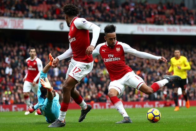 LONDON, ENGLAND - MARCH 11:  Pierre-Emerick Aubameyang of Arsenal scores the 2nd Arsenal goal during the Premier League match between Arsenal and Watford at Emirates Stadium on March 11, 2018 in London, England.  (Photo by Julian Finney/Getty Images)