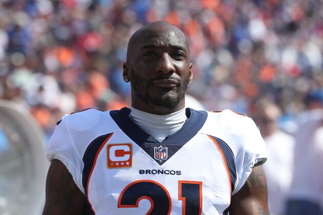 BUFFALO, NY - SEPTEMBER 24: Aqib Talib #21 of the Denver Broncos on the sideline during NFL game action against the Buffalo Bills at New Era Field on September 24, 2017 in Buffalo, New York. (Photo by Tom Szczerbowski/Getty Images)