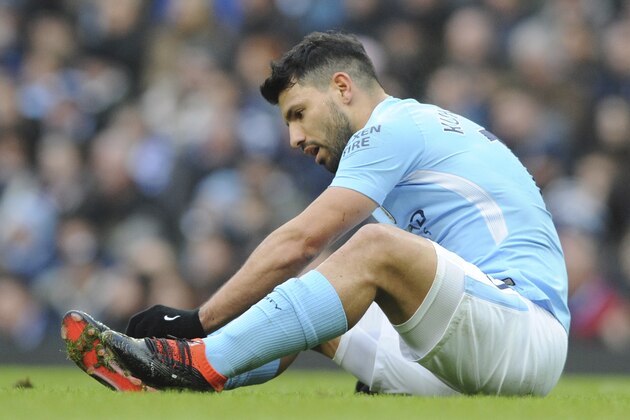Manchester City's Sergio Aguero during the English Premier League soccer match between Manchester City and Chelsea at the Etihad Stadium in Manchester, England, Sunday, March 4, 2018. (AP Photo/Rui Vieira)
