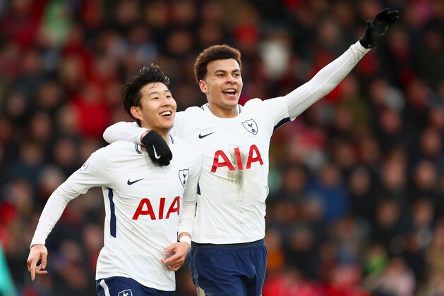 BOURNEMOUTH, ENGLAND - MARCH 11:  Heung-Min Son of Tottenham Hotspur celebrates after scoring his sides second goal with Dele Alli of Tottenham Hotspur during the Premier League match between AFC Bournemouth and Tottenham Hotspur at Vitality Stadium on March 11, 2018 in Bournemouth, England.  (Photo by Clive Rose/Getty Images)