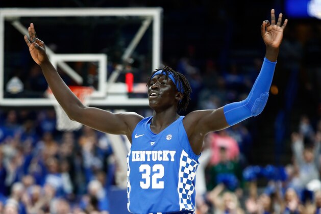 ST LOUIS, MO - MARCH 11:  Wenyen Gabriel #32 of the Kentucky Wildcats celebrates after making a three point shot against the Tennessee Volunteers during the Championship game of the 2018 SEC Basketball Tournament at Scottrade Center on March 11, 2018 in St Louis, Missouri.  (Photo by Andy Lyons/Getty Images)