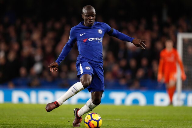 Chelsea's French midfielder N'Golo Kante plays the ball during the English Premier League football match between Chelsea and Crystal Palace at Stamford Bridge in London on March 10, 2018. / AFP PHOTO / Adrian DENNIS / RESTRICTED TO EDITORIAL USE. No use with unauthorized audio, video, data, fixture lists, club/league logos or 'live' services. Online in-match use limited to 75 images, no video emulation. No use in betting, games or single club/league/player publications.  /         (Photo credit should read ADRIAN DENNIS/AFP/Getty Images)