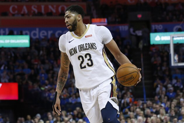 New Orleans Pelicans forward Anthony Davis (23) during an NBA basketball game against the Oklahoma City Thunder in Oklahoma City, Friday, Feb. 2, 2018. (AP Photo/Sue Ogrocki)