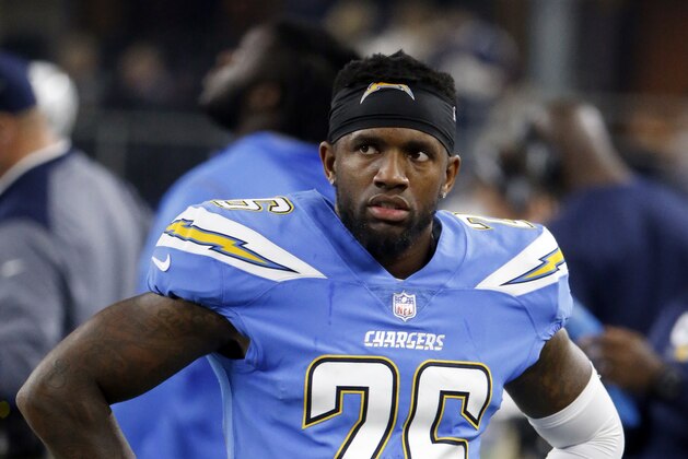 Los Angeles Chargers cornerback Casey Hayward (26) stands in the team bench area during an NFL football game against the Dallas Cowboys on Thursday, Nov. 23, 2017, in Arlington, Texas. (AP Photo/Michael Ainsworth)