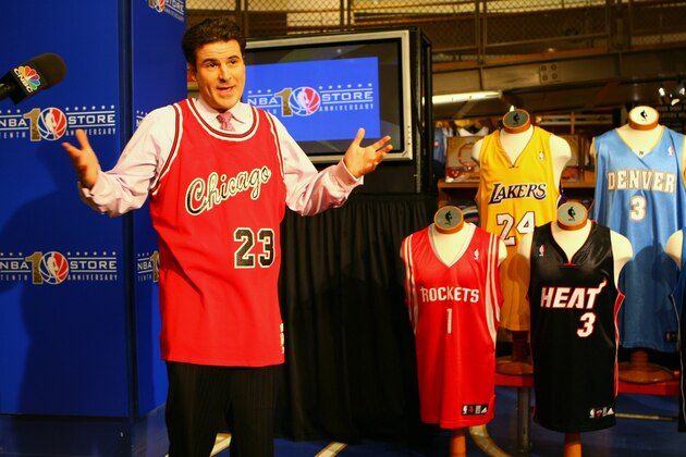 NEW YORK - MARCH 26:  Darren Rovell of CNBC presents a segment revealing the top 10 jersey sales made as part of the 10th anniversary of the NBA Store at the NBA Store on March 26, 2008 in New York City. NOTE TO USER: User expressly acknowledges and agrees that, by downloading and/or using this Photograph, user is consenting to the terms and conditions of the Getty Images License Agreement. Mandatory Copyright Notice: Copyright 2008 NBAE  (Photo by Ned Dishman/NBAE via Getty Images)