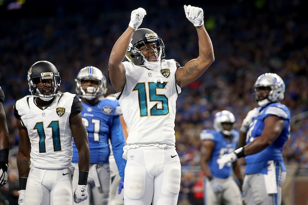 DETROIT, MI - NOVEMBER 20: Allen Robinson #15 of the Jacksonville Jaguars celebrates his second quarter touchdown against the against the Detroit Lions at Ford Field on November 20, 2016 in Detroit, Michigan. (Photo by Leon Halip/Getty Images)