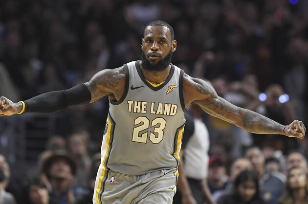 Cleveland Cavaliers forward LeBron James celebrates after scoring during the second half of the team's NBA basketball game against the Los Angeles Clippers, Friday, March 9, 2018, in Los Angeles. The Clippers won 116-102. (AP Photo/Mark J. Terrill)