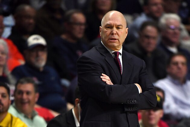 LAS VEGAS, NV - MARCH 05:  Head coach Randy Bennett of the Saint Mary's Gaels looks on during a semifinal game of the West Coast Conference basketball tournament against the Brigham Young Cougars at the Orleans Arena on March 5, 2018 in Las Vegas, Nevada. The Cougars won 85-72.  (Photo by Ethan Miller/Getty Images)