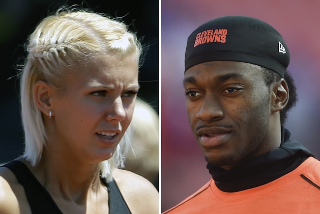 FILE - At left, in a June 10, 2015, file photo, Florida State's Grete Sadeiko is shown at the NCAA track and field championships in Eugene, Ore. At right, in a Nov. 27, 2016, file photo, Cleveland Browns quarterback Robert Griffin III walks the field during practice before an NFL football game against the New York Giants, in Cleveland. While the Cleveland Browns were losing another game, quarterback Robert Griffin III was losing money. Griffin and his girlfriend had cash stolen from the car they took to Sunday's game. The car was valet parked in the players' lot at FirstEnergy Stadium while the winless Browns were hosting the New York Giants. Girlfriend Grete Sadeiko posted on Twitter about the theft. (AP Photo/File)