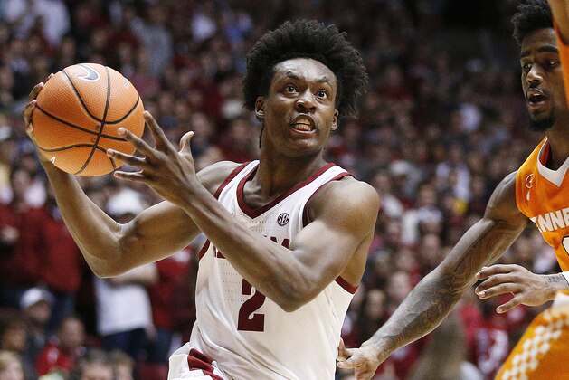 FILE - In this Feb. 10, 2018, file photo, Alabama guard Collin Sexton drives to the basket against Tennessee during the second half of an NCAA college basketball game, in Tuscaloosa, Ala. Sexton was selected to the AP All-SEC team on Tuesday, March 6, 2018.(AP Photo/Brynn Anderson, File)