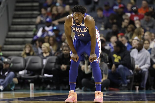 Philadelphia 76ers' Joel Embiid (21) waits for play to begin during the second half of an NBA basketball game against the Charlotte Hornets in Charlotte, N.C., Tuesday, March 6, 2018. (AP Photo/Chuck Burton)
