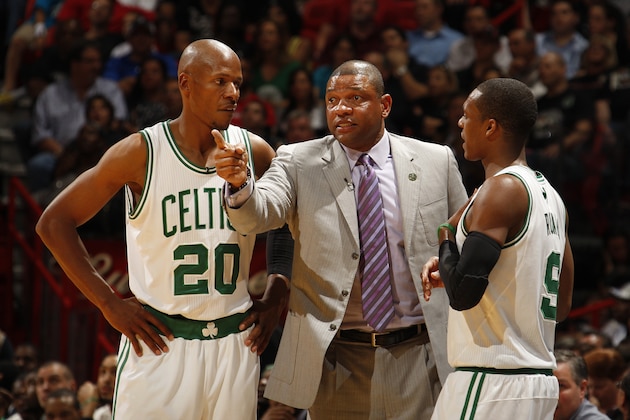 MIAMI, FL - APRIL 10: Doc Rivers, head coach of the Boston Celtics, speaks to Ray Allen #20 and Rajon Rondo #9 during a game against the Miami Heat on April 10, 2012 at American Airlines Arena in Miami, Florida. NOTE TO USER: User expressly acknowledges and agrees that, by downloading and/or using this Photograph, User is consenting to the terms and conditions of the Getty Images License Agreement. Mandatory copyright notice: Copyright NBAE 2012 (Photo by Issac Baldizon/NBAE via Getty Images)