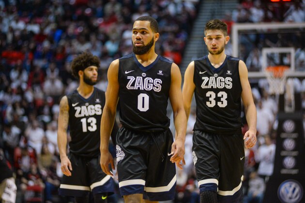 SAN DIEGO, CA - DECEMBER 21:  Silas Melson #0, Josh Perkins #13 and Killian Tillie #33 of the Gonzaga Bulldogs walk on the court after a time-out in the second half against the San Diego State Aztecs at Viejas Arena on December 21, 2017 in San Diego, California.  (Photo by Kent C. Horner/Getty Images)